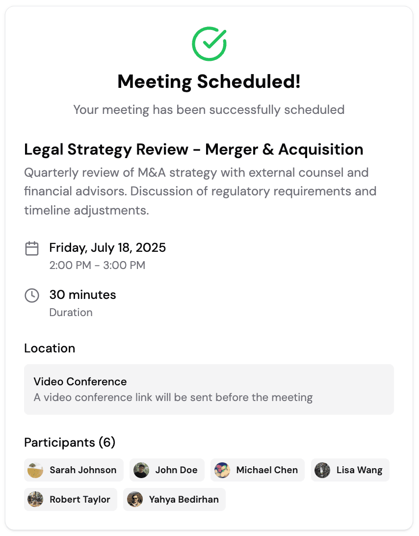 Synced team meeting coordination showing scheduled meetings and calendar